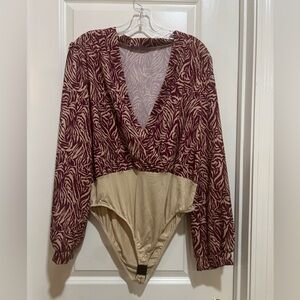 Boohoo Maroon and Cream Zebra Print Bodysuit